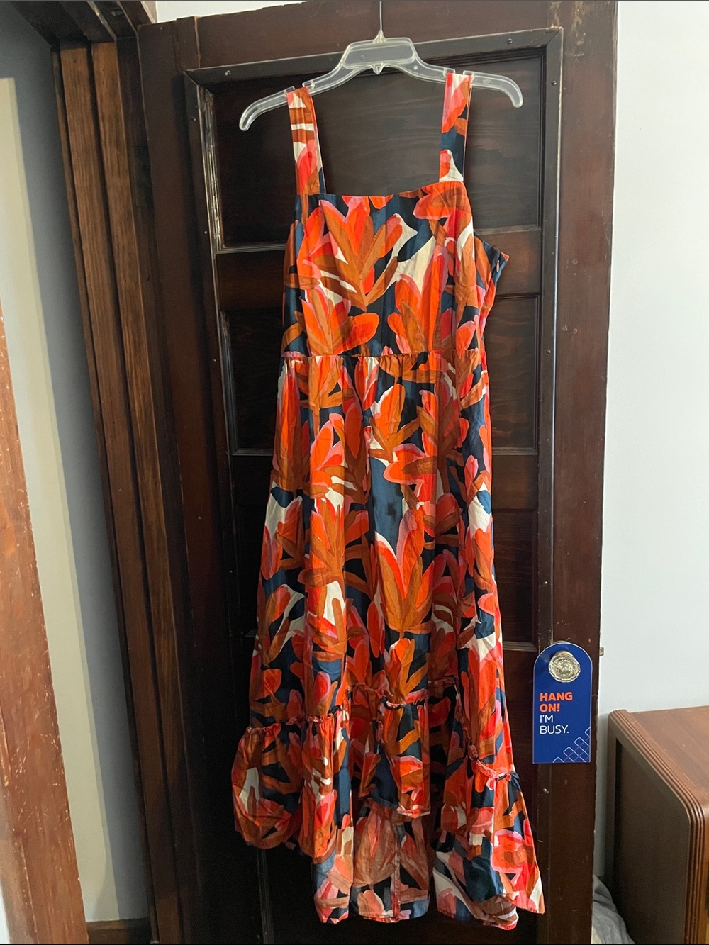 Who What Wear Red Orange Navy Leaf-Print Maxi Dress